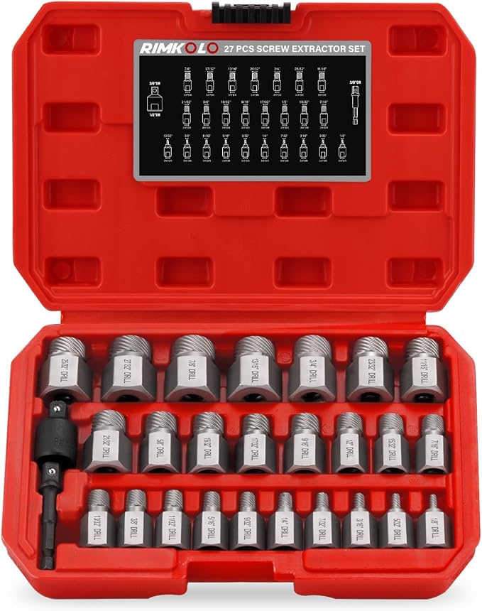 27-Piece Screw Extractor Set, 3/8" Inch Drive Easy Out Bolt Extractor kit Multi-Spline Hex Head for Removing Broken Studs Bolts Socket Screws
