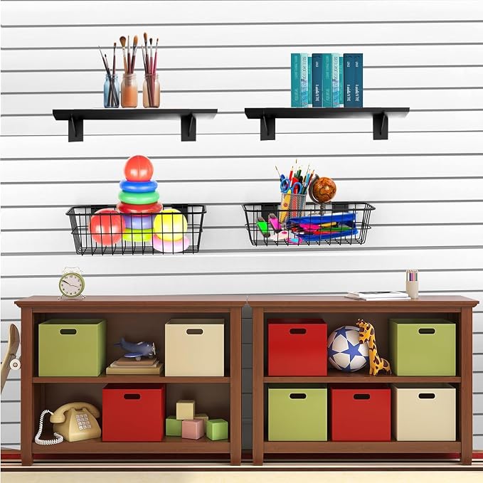 43 Pc Slatwall Organizer Kit with Hooks, Shelves, Baskets, Bins, Cups, Screwdriver Holder for Tool Organization (Black)