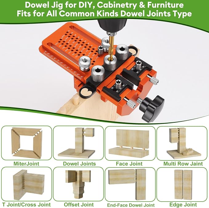 Adjustable Dowel Jig Kit, Drill Guide with Quick Positive Stop & Clamp – Fits 1/4, 3/8, 1/2 Inch Dowel Holes, Dowel Jig for Woodworking Fit All Kinds Wood Dowel Joints, for Cabinet, Furniture
