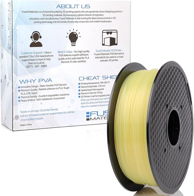 Fused Materials PVA Filament 1.75mm – Water-Soluble Support Material for 3D Printing – Compatible with Bambu Lab, Polymaker, Overture, and More – Works with PLA, PETG, Nylon, ABS – Clear & Transparent