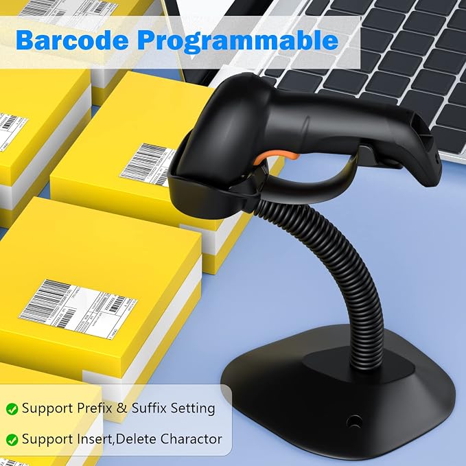 Symcode 2D Wireless Barcode Scanner with Auto-Sensing Stand,Putting on Stand to Scan Automatically Sense Scanning Barcode Scanner with Battery Level Indicator and Multiple Scanner to One Receiver