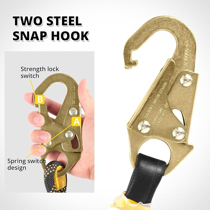 TRSMIMA Rope Harness Safety Lanyard:25/50/100/150ft Vertical Roofing Rope Grab Snap Hooks Shock Absorber Fall Protection Kit
