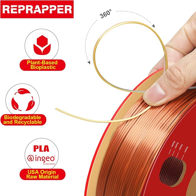 Reprapper Triple Color Filament Coextrusion PLA Filament 1.75mm for 3D Printer, Multicolor Like Dual Color Silk Rainbow pla, 2.2lbs (1kg), Silk PLA Gold/Copper/Black