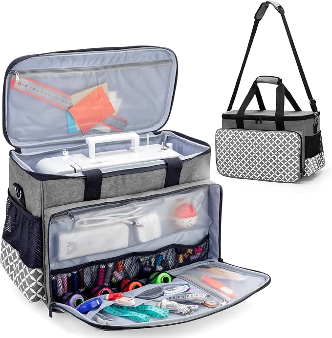 Yarwo Sewing Machine Carrying Case with Thicken Bottom Board, Universal Sewing Machine Tote Compatible with Most Standard Sewing Machine and Accessories, Gray with Grid