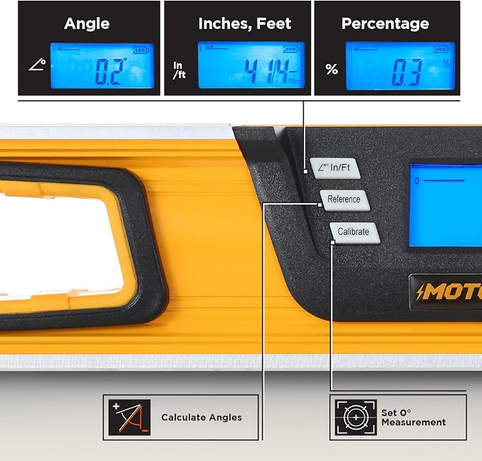 MOTORHEAD 24-Inch 0-180° Smart Digital Level, LCD Screen, Magnetic Bottom | Audible Alerts, Water Dust & Shock Resistant, High-Visibility, Solid-Milled Aluminum, Carrying Bag, Carpentry Masonry Framing
