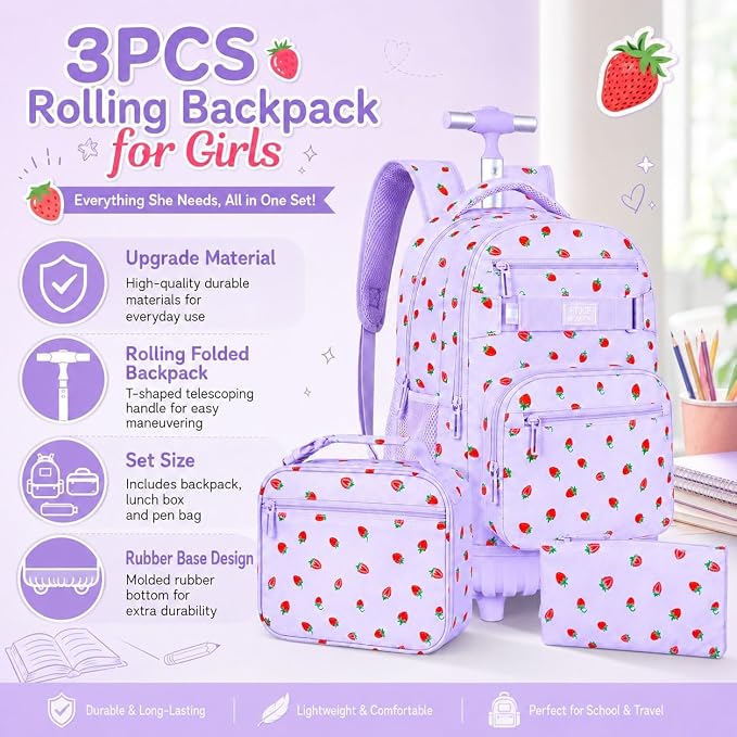 3Pcs Rolling Backpack for Girls Women, Travel Roller Backpacks with Wheels for Adults, Teens College Strawberry Wheeled Bookbag with Lunch Box (Purple)