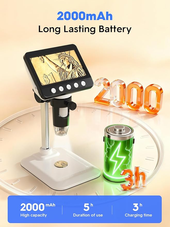 Coin Microscope, 4.3" LCD USB Digital 1000X 1080P Coin Magnifier | 8 Adjustable LED Lights, PC View Compatible with Windows/MacBook for Adults Kids