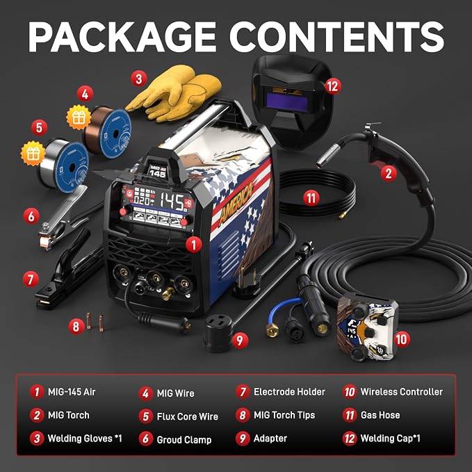 ANDELI 4-in-1 MIG Welder,2.4GHz Wireless Remote Control,Gas MIG/Lift TIG/Stick 145A Welding Machine,110V/220V Gas & Gasless Flux Core With Synergy,IGBT Inverter Portable,Bonus Welding Helmet & Gloves | 4-in-1 MIG Welder ,2.4GHz Wireless Remote Control