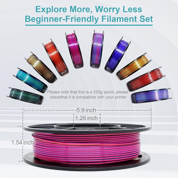 3D Printer Filament Bundle,1.75MM Silk PLA Filament Multicolor 250g*10 Rolls,Bulk Filament fits for Most FDM 3D Printers.