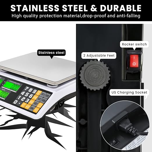 66lb/30kg Digital Price Computing Scale with Dual LCD & Counting Mode — Rechargeable Stainless Steel Food Scale for Farmers Markets, Delis, Bakery & Retail