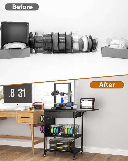 Baoz 3D Printer Stand with 40pcs Filament Storage,4 Tier 3D Printer Table Printer Stand with Wheels, Heavy Duty Filament Storage Rack with Drawers and Spool Hooks for Studio, Home Office