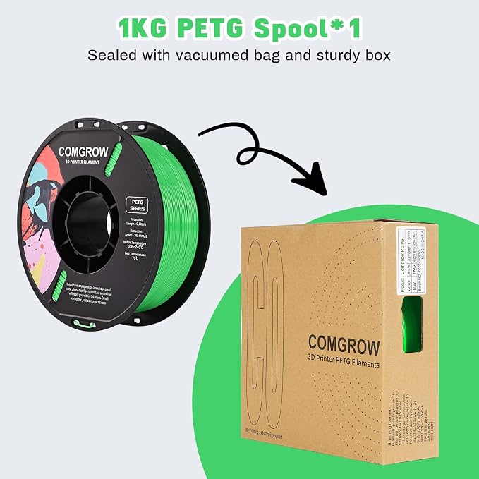 Comgrow PETG 3D Printer Filament 1.75mm, High Precision and Tough 3D Printer Filament (2LBS), Dimensional Accuracy +/- 0.02 mm, Fit Most 3D Printers Grass Green