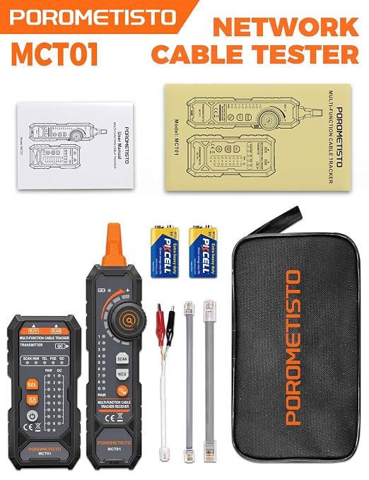 MCT01 4-in-1 Network Cable Tester – POROMETISTO Ethernet Tester with PoE, NCV, Tone Tracing & Flashlight, RJ11 RJ45 Wire Tracer for Cat5/Cat6 Continuity, Telephone Line Polarity, Electrician Tool Kit