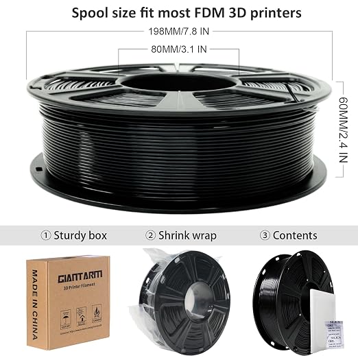 GIANTARM 3D Printer Filament, Silk Black Pla Filament, 1Kg(2.2lbs) Spool, 1.75mm Dimension Accuracy +/- 0.03mm, 3D Printing Filament
