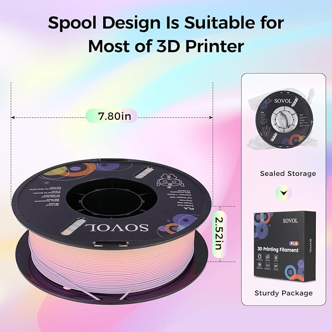 Sovol 3D Printer Matte Multicolored Fast Change Rainbow PLA 1kg (2.2 lbs) Spool 3D Printing Materials, Dimensional Accuracy +/- 0.03 mm, 1.75 mm, Matte Macaron Rainbow
