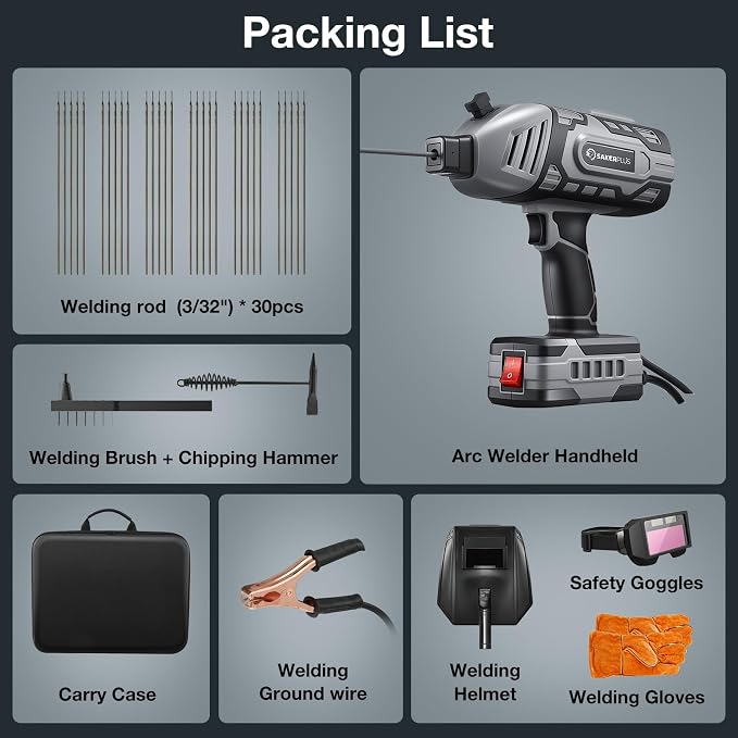Sakerplus Portable Welding Machine, Handheld Welder Machine 110V, ARC Portable Welder with IGBT Inverter 5 Variable Current Adjustment, 30pcs 3/32" Wire Rods, Welding Helmet, Carrying Case Included