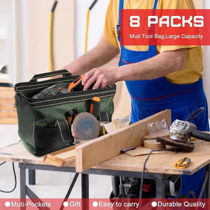 Silkfly 8 Pcs Tool Bags for Men Heavy Duty with Waterproof Hard Bottom Wide Mouth Large Tool Tote Bag Multi Pockets Organizer Tools Kit for Electrician Carpenter Mechanic Dad Gifts(16 Inch)