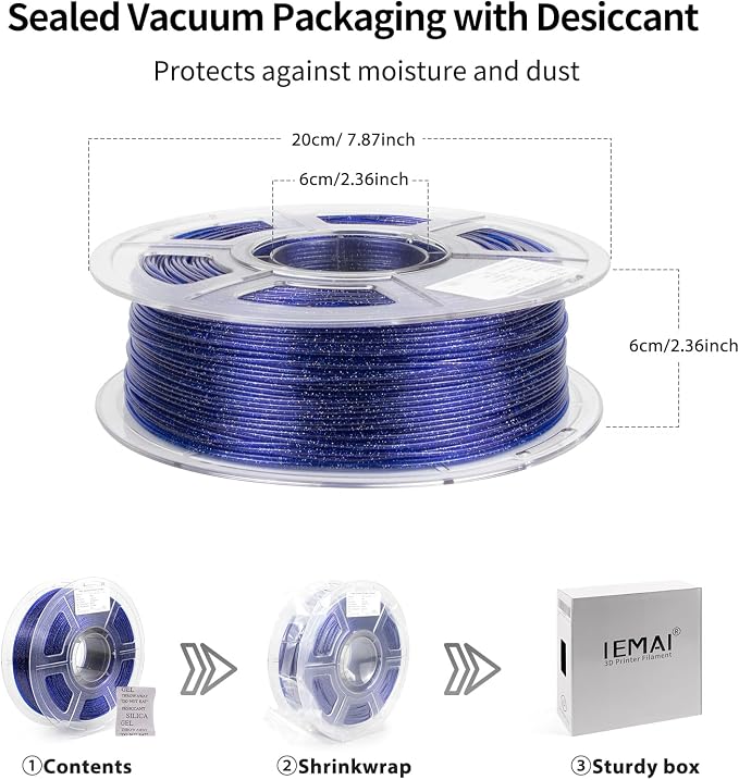 IEMAI Glitter Clear PETG Filament 1.75mm 1KG Blue, Sparkly Transparent Finish 3D Printer Filament Easy to Print for Lampshades, Home Decor & DIY Models