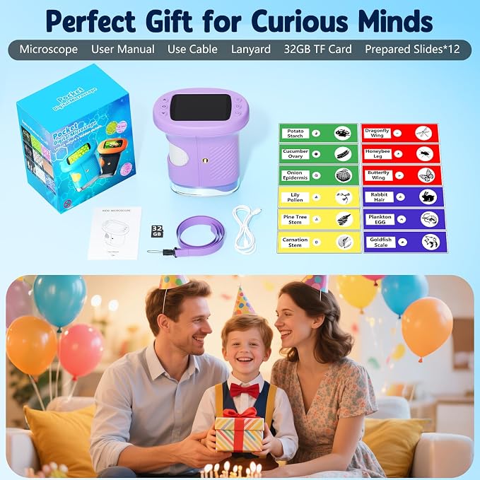 Odatay 4K 1000X Digital Microscope for Kids with Long Distance Viewing & 2.4" Screen, Portable Handheld Edu Toys for Kids Age 3-12 Exploring Bugs Plants at Home Classroom & Outdoor Travel, Purple