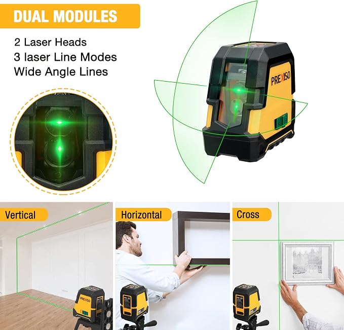 PREXISO 100Ft Rechargeable Dual Modules Laser Level & 65Ft Laser Level Self-Leveling with Rotatable Mount Clamp