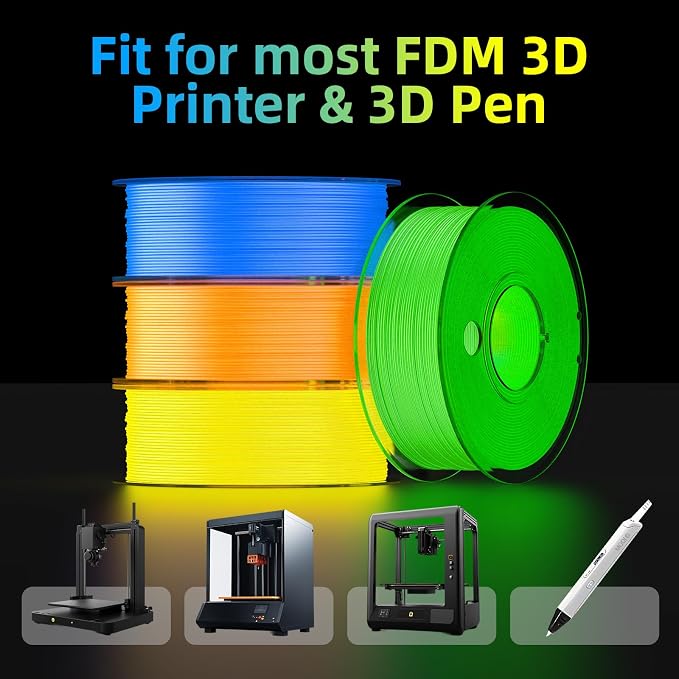 95A TPU 3D Printer Filament Bundle,Glow in The Dark Blue,Green,Orange,Yellow, Each Spool 0.25kg, 4 Spools,Total 1KG,Dimensional Accuracy +/- 0.05mm,Fit Most 3D Printers