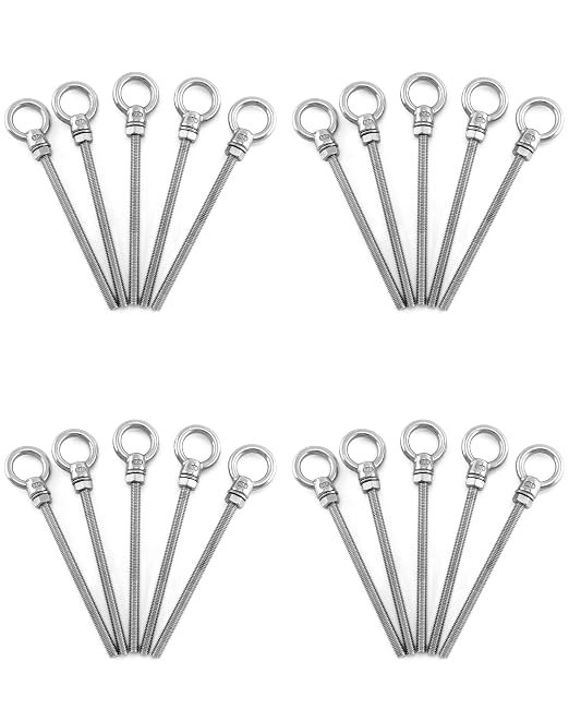 QWORK Threaded Eyebolts, 20 Pack 1/4" x 4" Long Stainless Steel Marine Grade Shoulder Eye Bolt M6