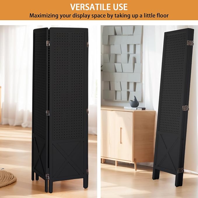 VINGLI Freestanding Pegboard with Support Feet, 5 FT Wood Room Divider Display Board Organizer, Folding Privacy Screen Partition Space Separator for Craft Shows Events Retail (Black, 4 Panel)