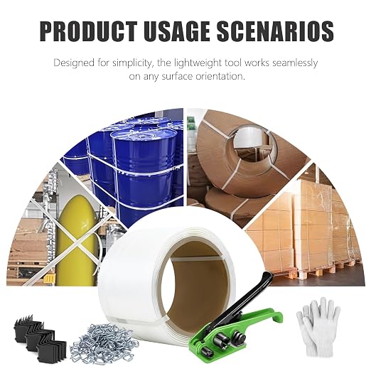 Heavy Duty Banding Strapping kit Contain 3/4"x 330' Composite Cord Packaging Straps & 100 Metal Wire Buckles 50 Plastic Edge Protectors Tensioner with Cutter Tool Glove
