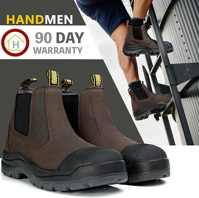Work Boots for Men, Steel/Soft Toe Waterproof Working Boots, Slip Resistant Slip-on Safety Static Dissipative Working Shoes (Dark Brown)