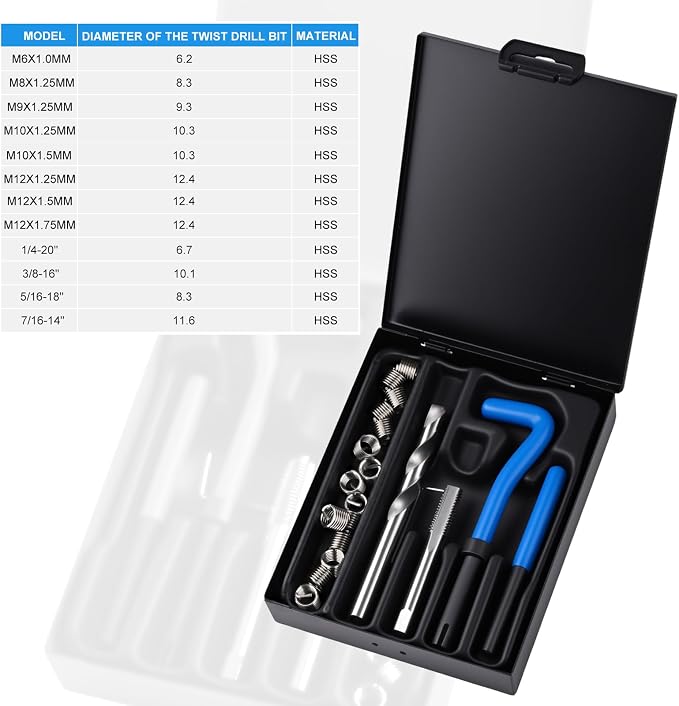 20PC SAE Helicoil Thread Repair Insert Kit, 3/8-16 inch Rethread | helicoil Thread Repair kit with HSS Drill Bits, Rethreading Inserts Tool Set for Damaged Thread Repairing with Carry Case