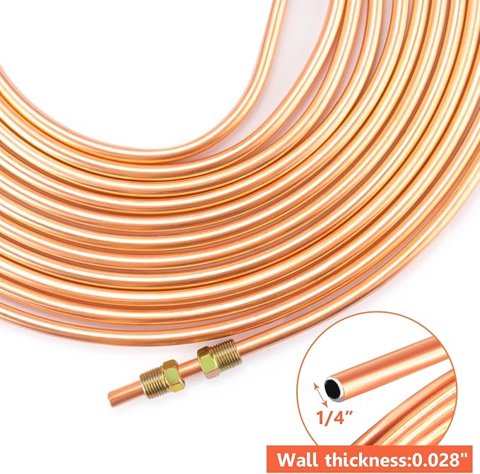 1/4" Brake Line - Easy to Bend Tubing - 25 ft 1/4" Copper Coated Brake Line + 16 x Brake Line Fittings and 4 x Threads Unions