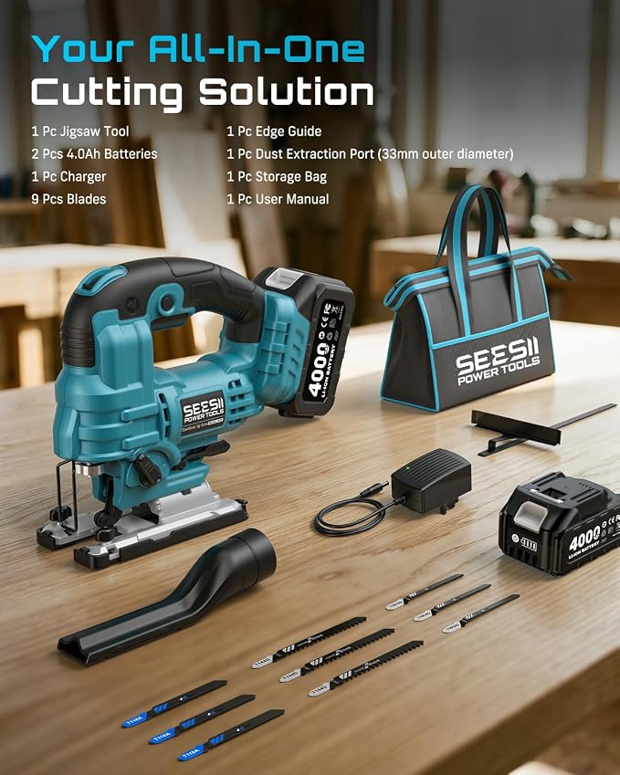 SEESII Brushless Jig Saw, Cordless Jigsaw Tool 2×4.0Ah Batteries | 0–45° Bevel Cut, 3500 SPM Variable Speed, 4 Orbital, Electric Jig Saw for Woodworking, Cutting Wood Metal PVC