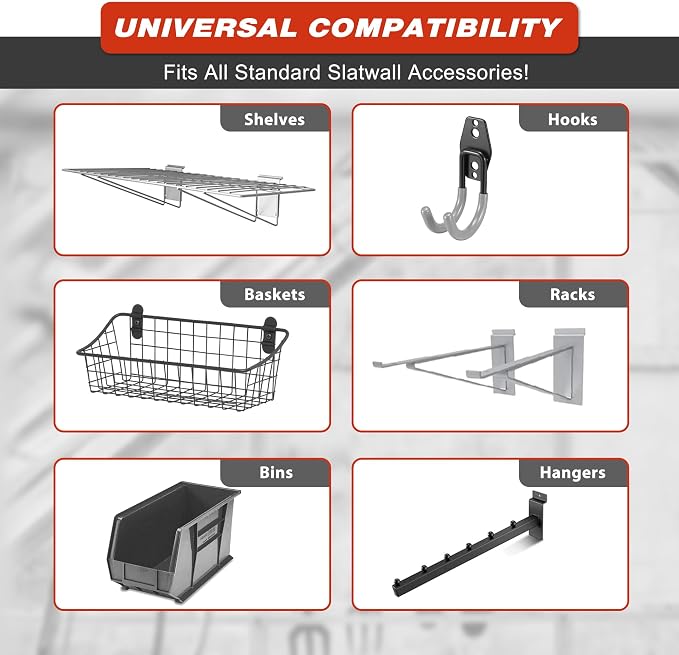 Slatwall Panel Garage Wall Organizer Storage Systems, Wall Mounted PVC Storage Rack with 10 Hooks, Interlocking Workshop Slat Wall Paneling Sheets Board Shelves Tools Organization-Grey (4’H x 4’W)