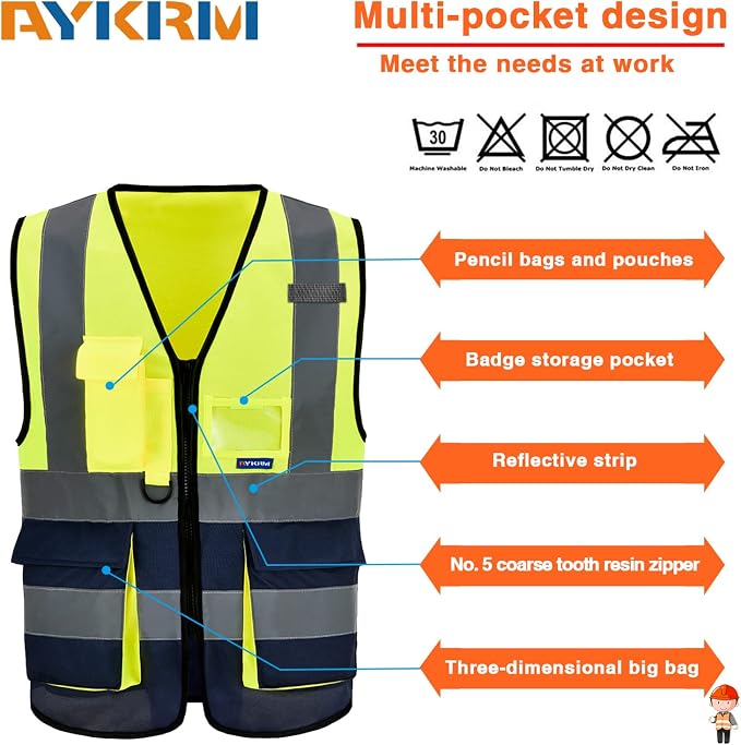 A-SAFETY Hi-Vis Safety Vest, Clear ID Pocket, Zipper, Yellow/Navy, 4XL-5XL | Yellow/Navy 4XL-5XL work vest with 7 pockets, reinforced zipper pockets and black front zipper for airport ground crews.