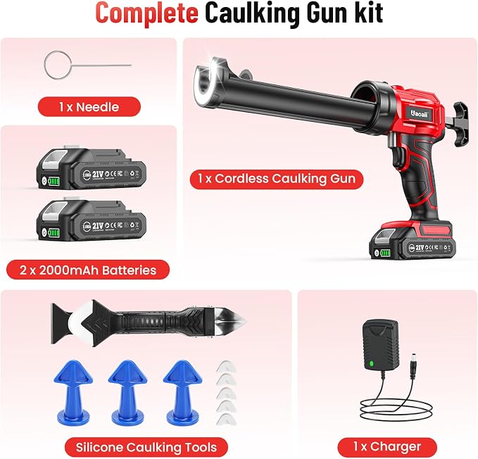 Electric Caulking Gun, Cordless Caulking Gun with 2x 2000mAh Batteries, 9Pcs Silicone Caulking Tools, 4 Adjustable Speeds, LED Light, 10OZ Battery Silicone Gun for Filling, Sealing (Red)