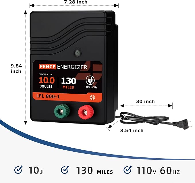 Electric Fence Charger AC Powered 110 Miles, 110 Volt 10 Joule Plug-in Electric Fence Energizer, Output Voltage Max 11.3 KV for Livestock, Preventing Predators from Intruding