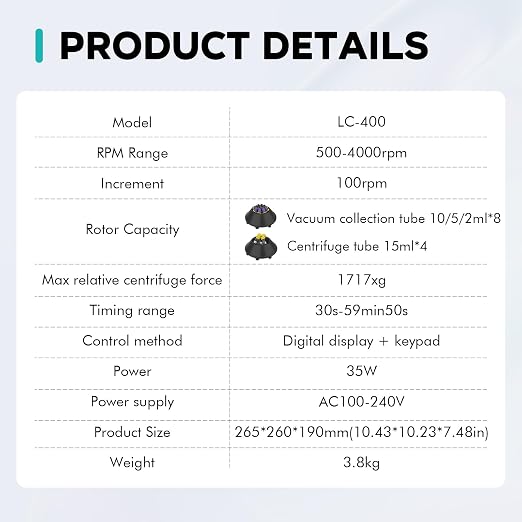 LAB FISH Digital PRP Benchtop Centrifuge Machine 2ml~5ml/10ml/15ml Lab Test Tubes 500-4000RPM Max1717xg