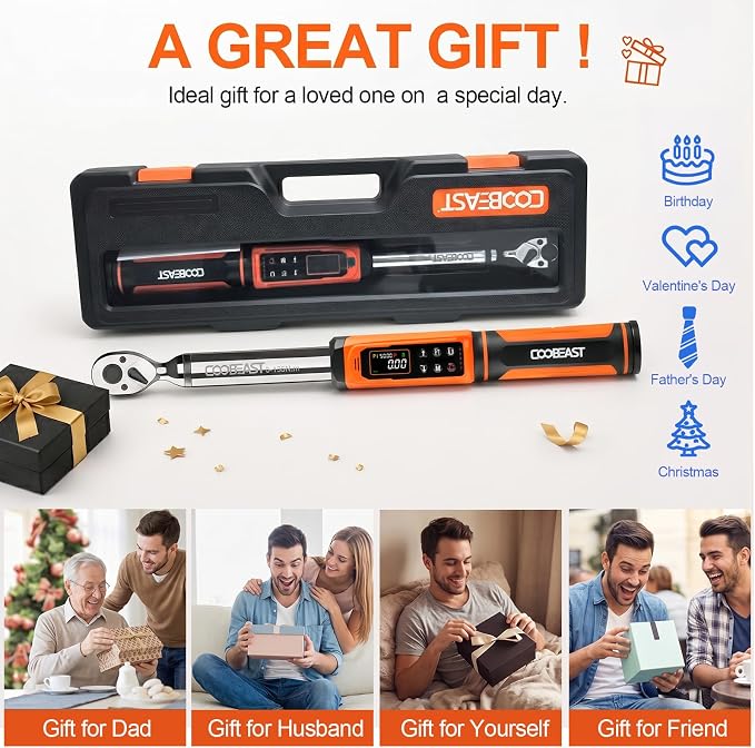 coobeast Digital Torque Wrench, 3/8 Drive Electronic Torque Wrench with Preset Value(1.5-99.5 Ft-lbs./2-135Nm), Buzzer and LED Flash Five Units of Measure for Bike Motorcycle Car