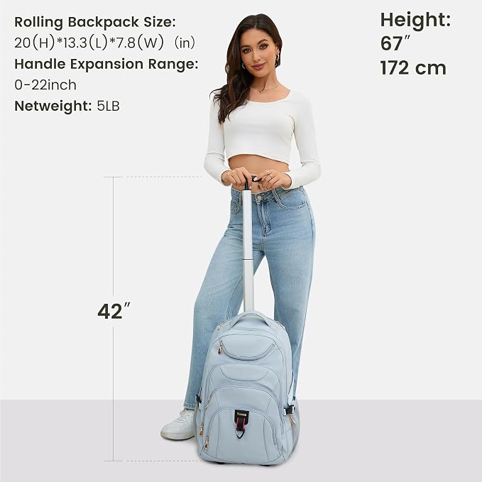 Boavan Rolling Backpack for Women, 17.3 Inch Wheeled Laptop Backpack,Large Travel Carry-On Bag for Teachers College Students, Waterproof Business for Airplane Overnight Luggage,Blue
