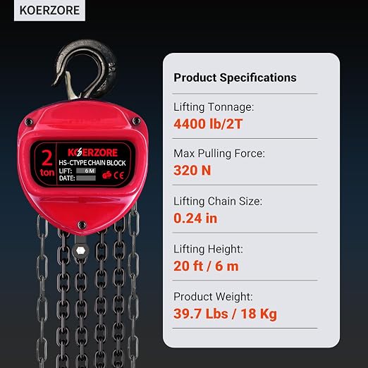 2 Ton Hand Chain Hoist 4400 Lbs Capacity 20ft Lift Manual Come Along Winch with G80 Steel Chain & Dual Hooks for Engine Lift, Warehouses, Automotive, Machinery