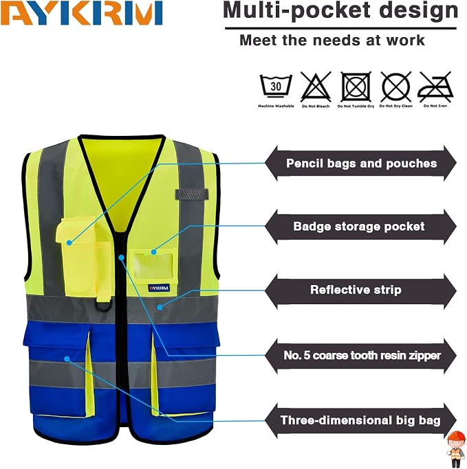A-SAFETY Hi-Vis Safety Vest, 7 Pockets, Front Zipper, Yellow/Blue, 6XL-8XL | Yellow/Blue 6XL-8XL Polyester work vest with reinforced pockets, front zipper and clear ID holder for airport ground crews.
