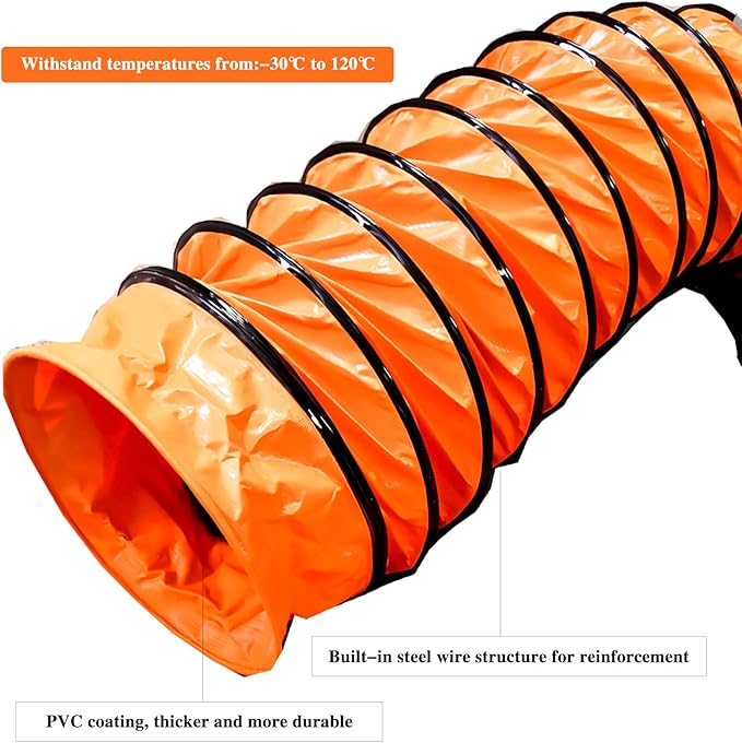 8"×16.4FT PVC Flexible Duct Hose, Flame Retardant HVAC Ducting with Adjustable Rope, D Hook & Steel Support for Ventilation, Exhaust, Drying, and Cooling Applications