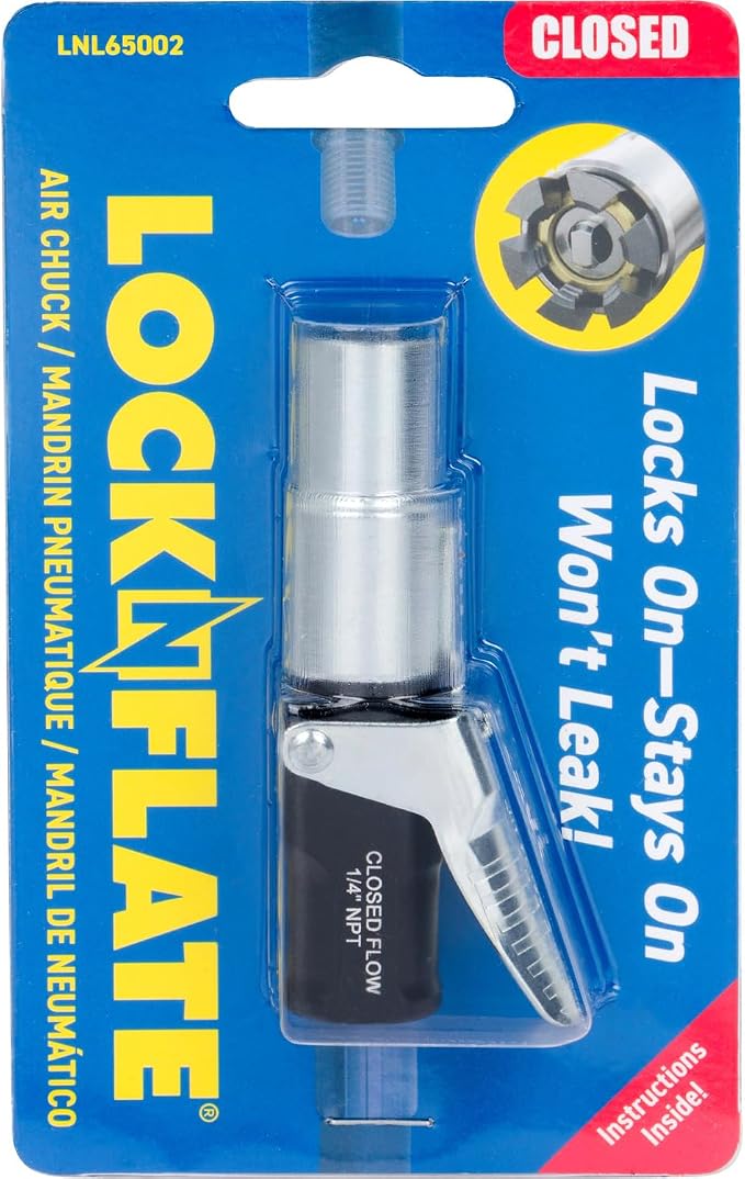 LockNFlate Air Chuck - Compatible with Tire Inflators - Six Steel Jaws, Closed Flow