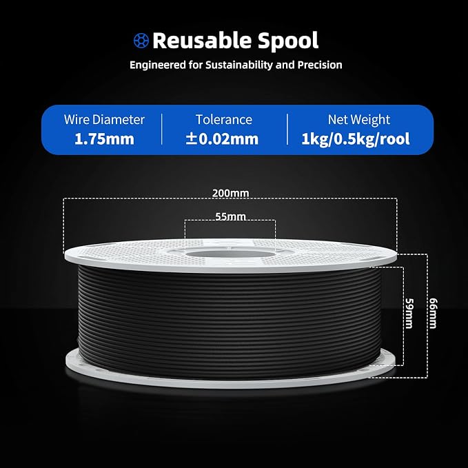 Inslogic PA12-CF Carbon Fiber Nylon Filament 1.75mm Black 0.5kg Spool, Carbon Fiber Reinforced PA12 Filament, Low Warp & Wear Resistant for End-Use Parts & Automotive Components