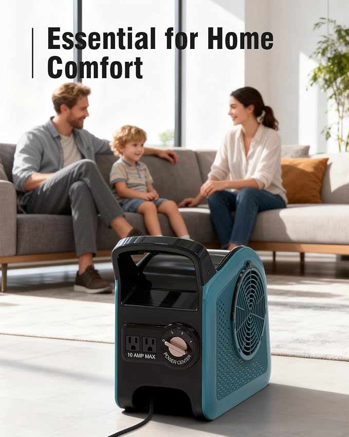 Portable Blower Fan for Home: High Velocity Floor Fans for Cooling and Drying - Air Mover with 185° Rotating for Bedroom, Garage, Shop and Gym, 3 Speeds Utility Fan with 2 AC Outlets, Blue