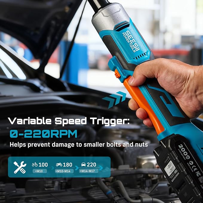 Cordless Electric Ratchet Wrench 3/8", 6" Extended Neck, 3-Speed Adjustable, 74 Ft-lbs Max Torque, 21V Power Brushless Ratchet with 2Ă2.0Ah Batteries & Fast Charger, 8 Sockets, 1/4"& 1/2" Adapter