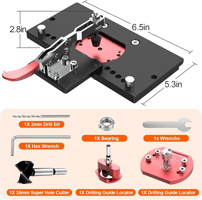 M-T Concealed Hinge Jig with Quick Clamp and Dust Vacuum Adapter 35mm Cabinet Door Hinges Jig Hole Drilling Hardware Jigs for Woodworking Door Cabinet Mounting Tool