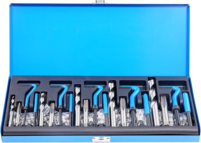 VEVOR Helicoil Thread Repair Kit - 131-Piece SAE HSS Drill Inserts Taps & Tools 1/4" 5/16" 3/8" 7/16" 1/2" UNC Rethreading Tool Kit Insertion Rethreading Tools Universal Rethread Restorer