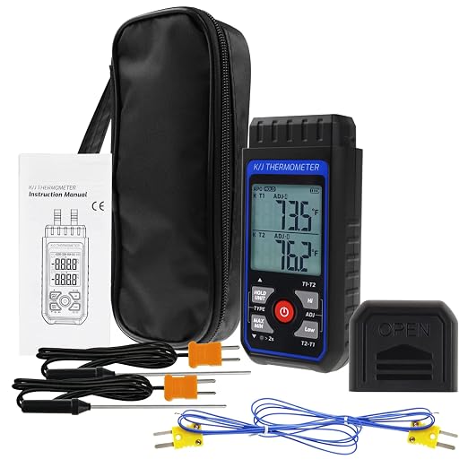 Dual-Channel K/J Thermocouple Thermometer with 4 K-Type Thermocouples -328°F ~ 2501°F Measurement Range HVAC Temperature Meter Gauge with Data Hold, MAX/MIN/AVG, Hi/Lo Backlit Alarm, ADJ Compensation