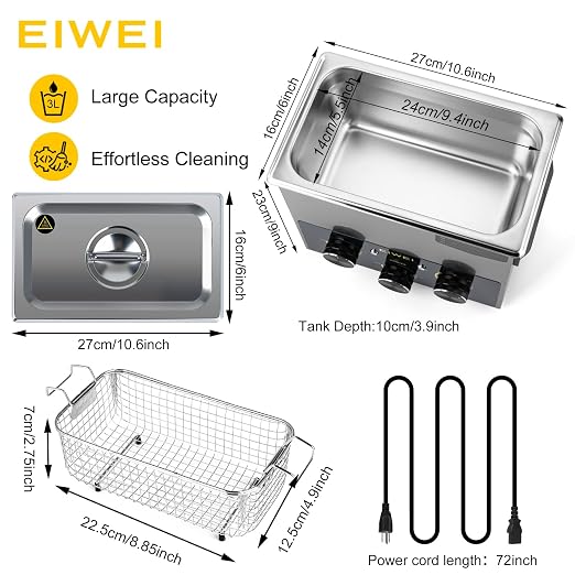3L Ultrasonic Cleaner Professional Power-Adjustable Knob Jewelry Cleaning Machine with Heater Timer for Carburetor, Jewelry, Glasses, Dentures, Circuit Boards, Automotive Parts